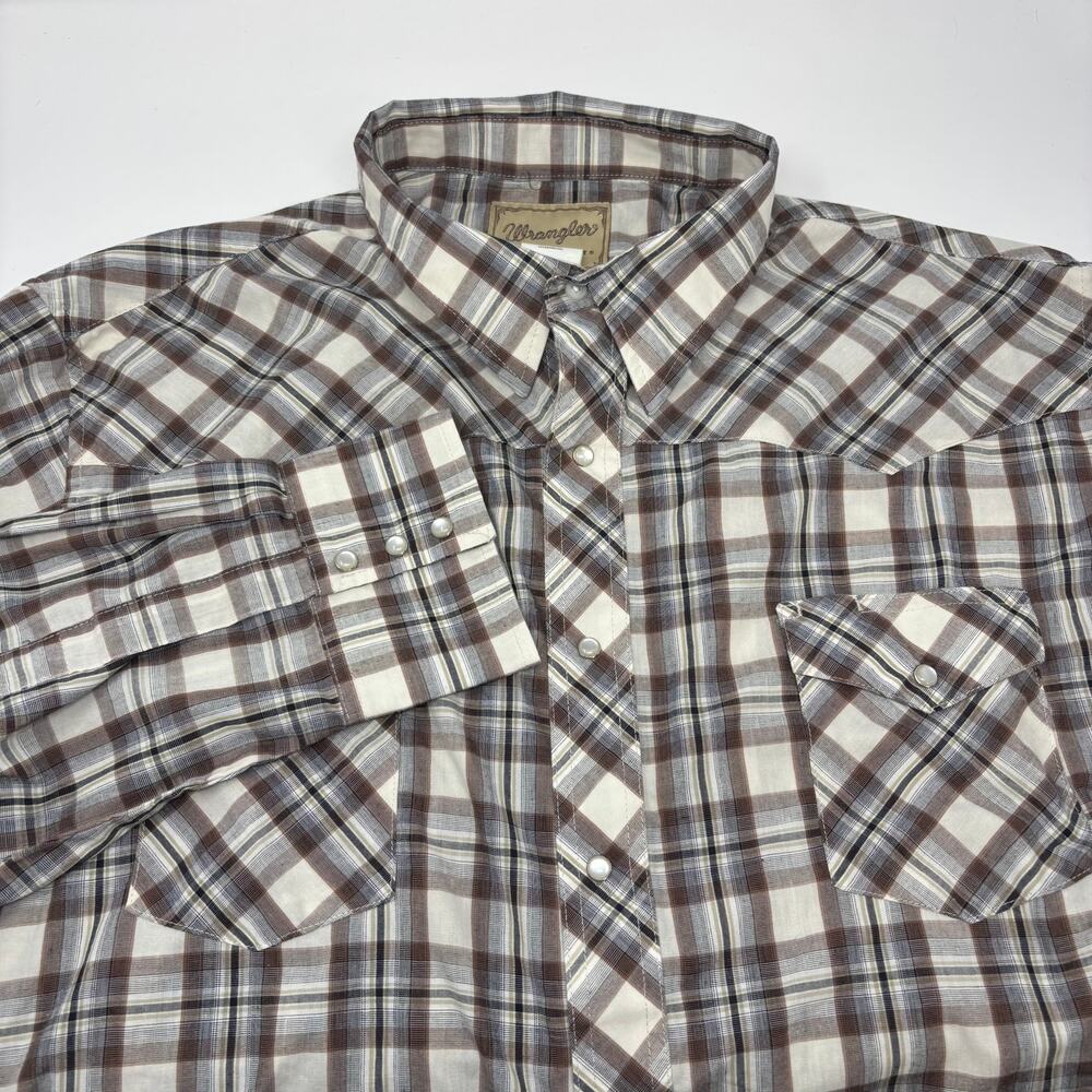 Wrangler‎ Mens 3XL Beige Brown Plaid Pearl Snap Long Sleeve Button Up Shirt